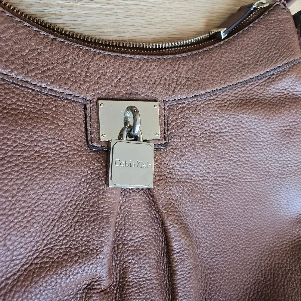 Calvin Klein‎ Brown Pebbled Leather Padlock Hobo Small Shoulder Tote Bag